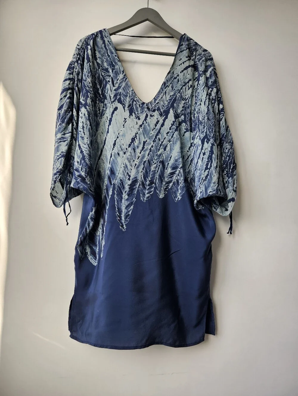 Ramona Larue Silk Blue Colorway Scrunch Shoulder V-Neck Caftan Dress